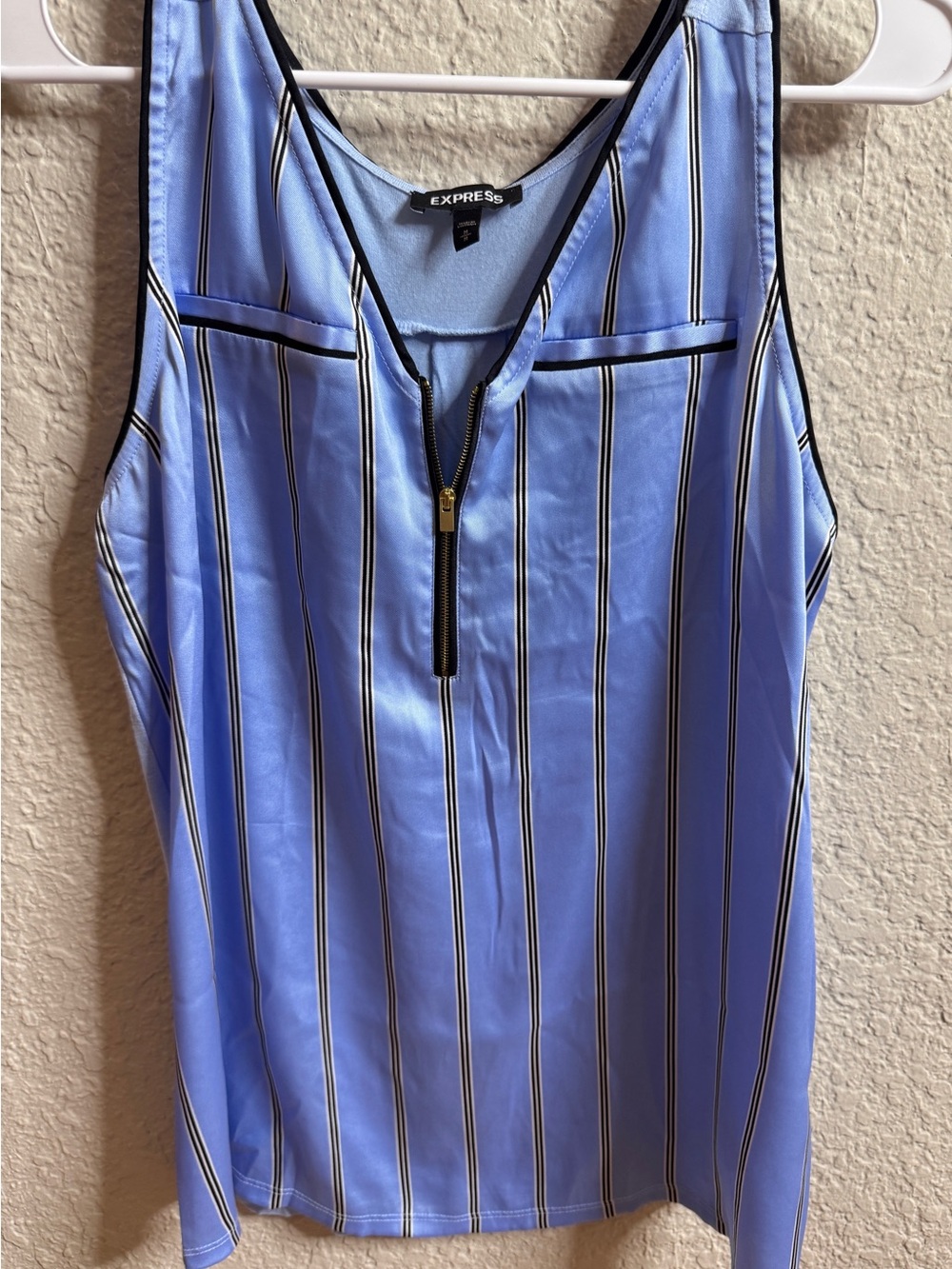Express Light Blue Vertical Stripe V-Neck Zip Tank